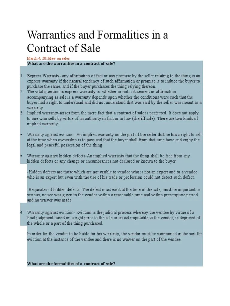 Warranties and formalities in a contract of sale