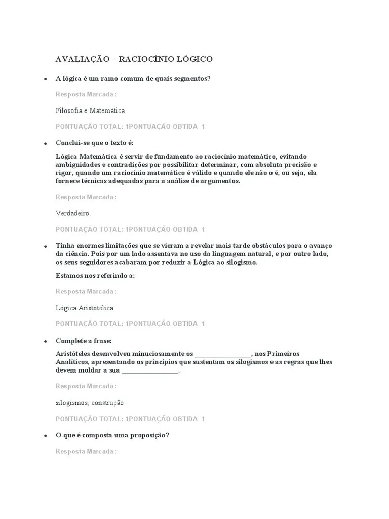 Avaliação De Raciocinio Lógico | PDF | Lógica | Prova Matemática
