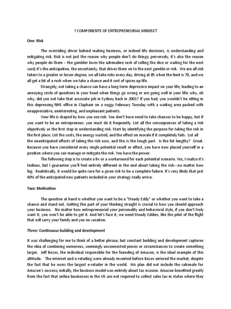 7 Components Of Entrepreneurial Mindset | PDF | Entrepreneurship | Risk