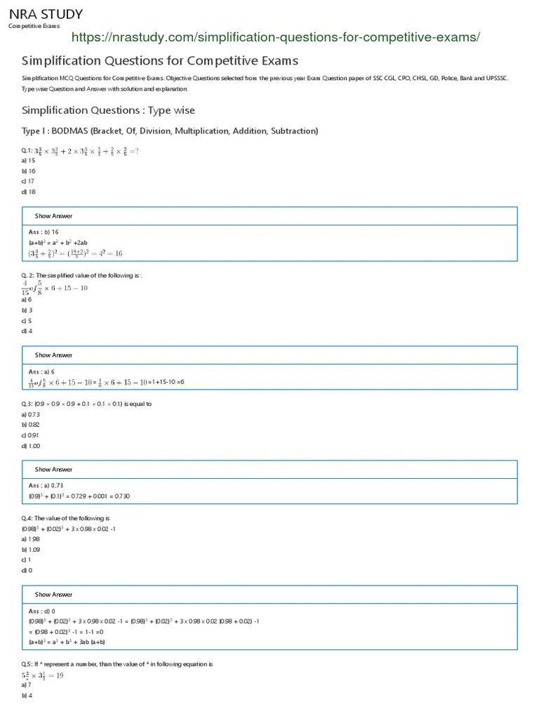 Simplification Questions For Competitive Exams | PDF | Mathematical ...
