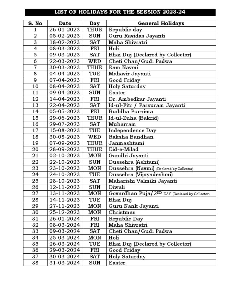 Holiday List 2023-24 | PDF