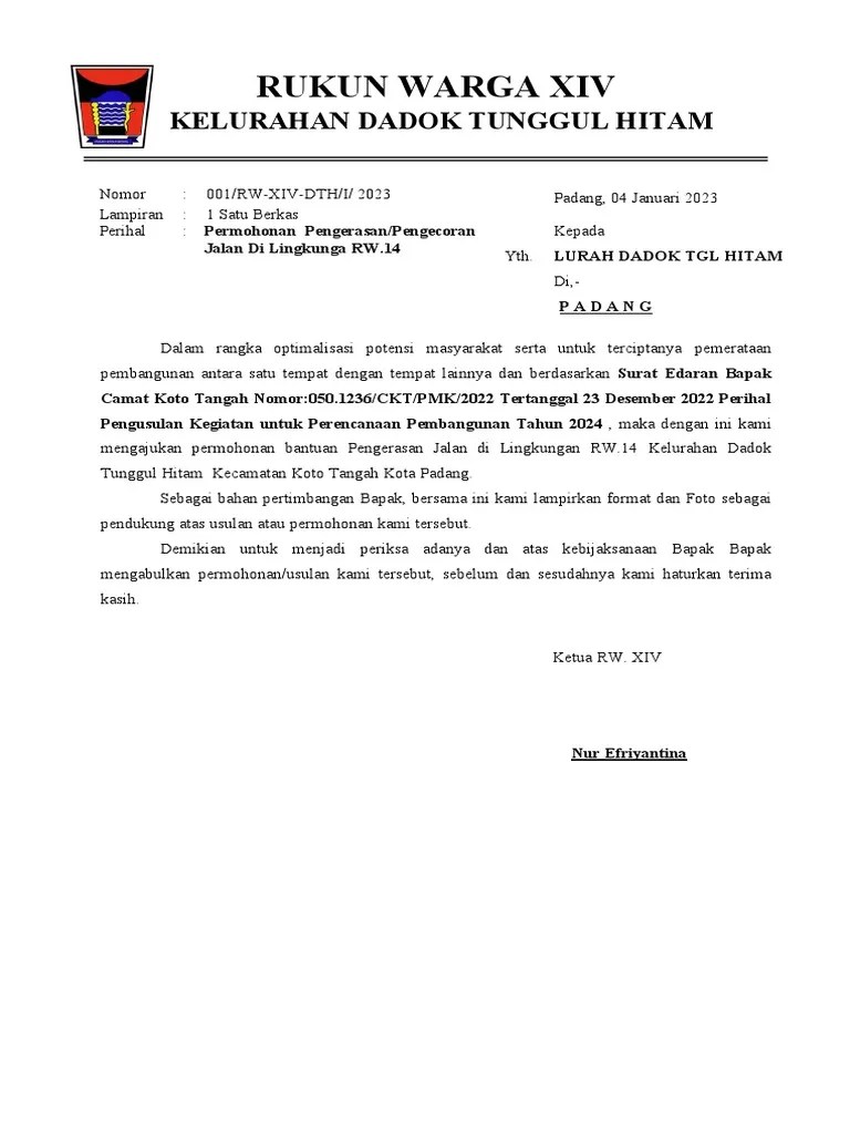 Permohonan Pengerasan Jalan RT.01/RW.14 Dadok Tunggul Hitam | PDF