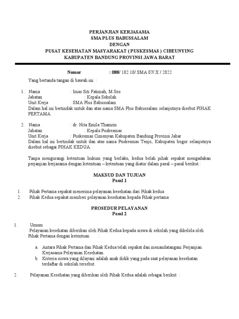 Surat Perjanjian Dengan Puskesmas | PDF