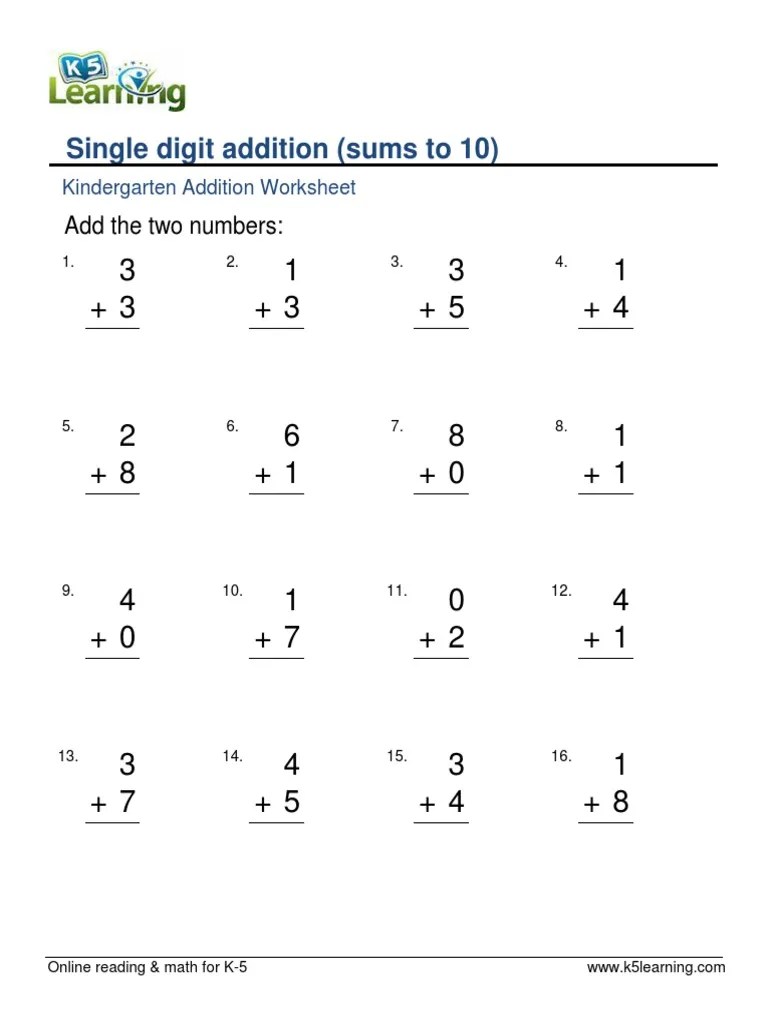 Kindergarten Addition Of Two 1 Digit Numbers 2 | PDF