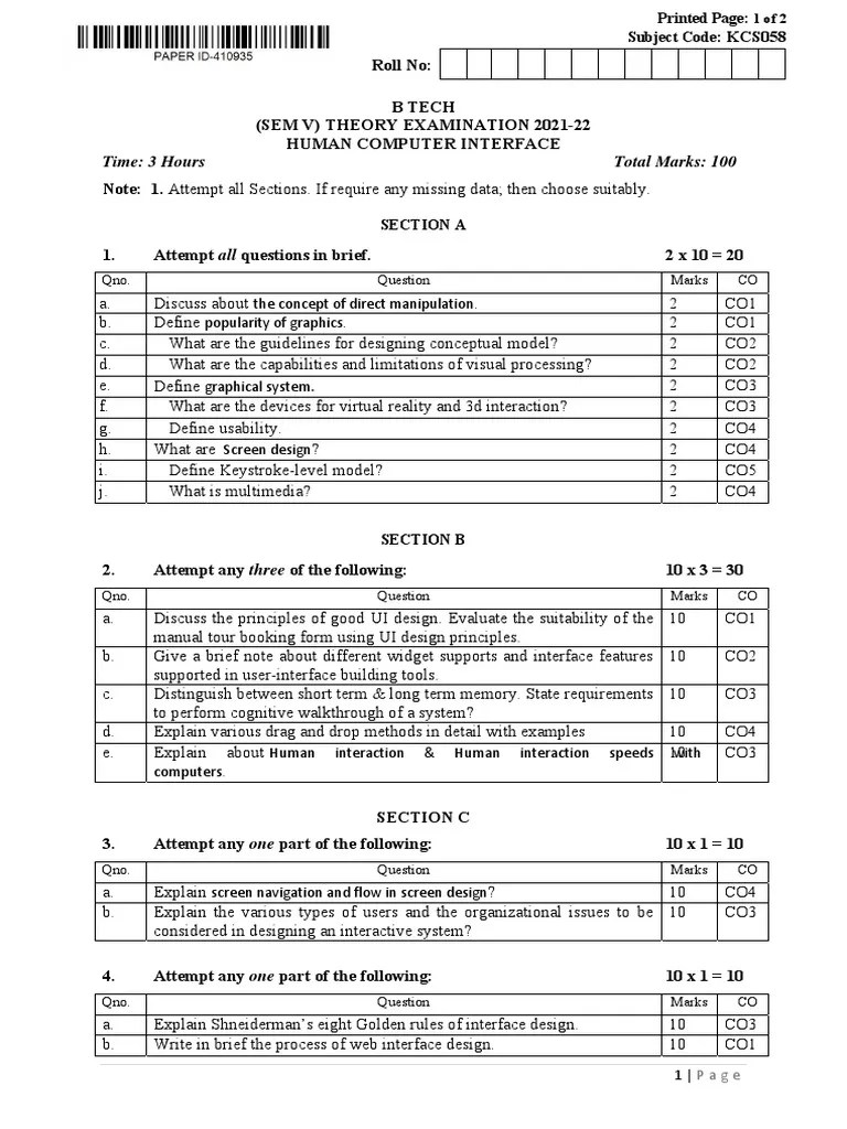 Btech Cs 5 Sem Human Computer Interface Kcs058 2022 | PDF