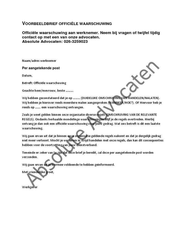 Voorbeeldbrief officiele waarschuwing
