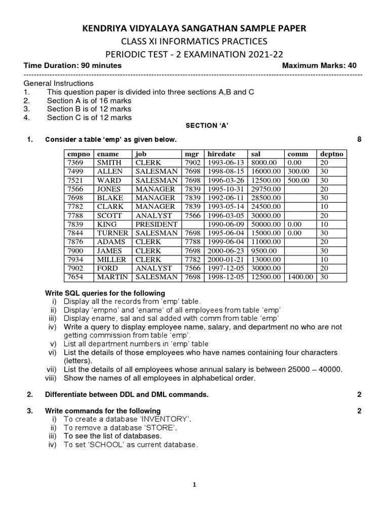 Sample Paper Xi Ip Pt2 | PDF | Sql | Databases