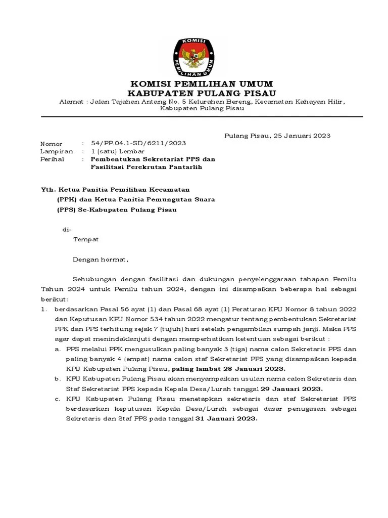 Surat Pembentukan Sekretariat PPS Dan Pembentukan Pantarlih Pemilu 2024 | PDF