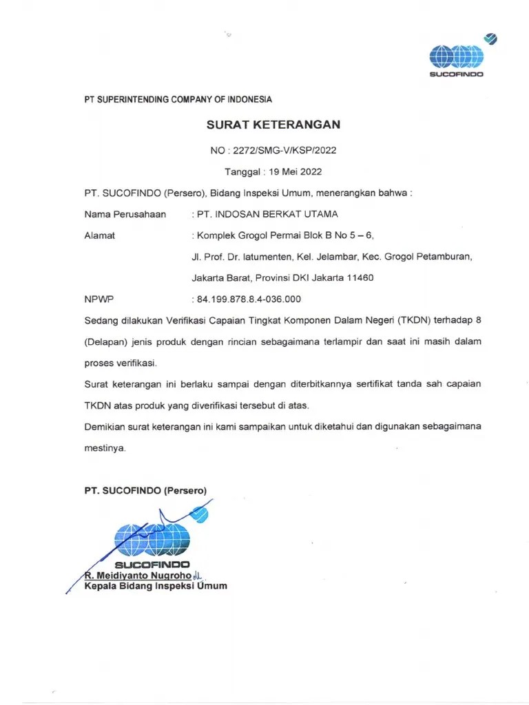 Surat Keterangan Proses TKDN PT INDOSAN | PDF