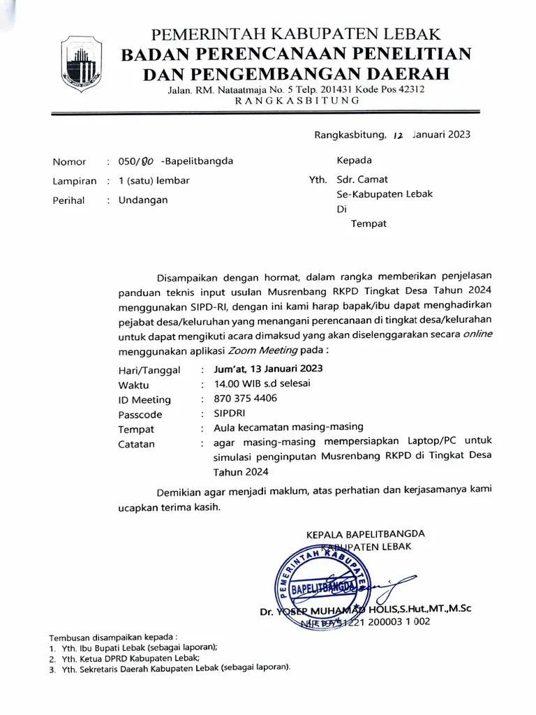 Surat Undangan Penjelasan Panduan Teknis Input Usulan RKPD Menggunakan ...