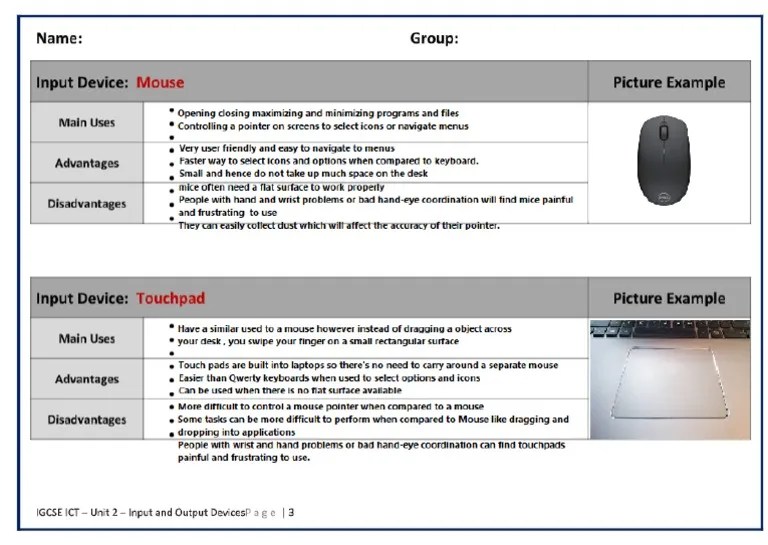 IGCSE ICT UNIT 2: INPUT AND OUTPUT Devices Page 3 | PDF