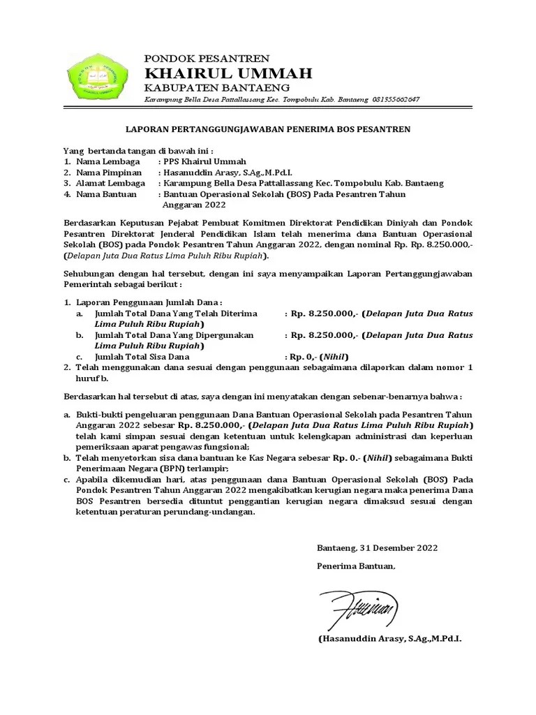 Format Surat Laporan Pertanggungjawaban Dana BOS | PDF
