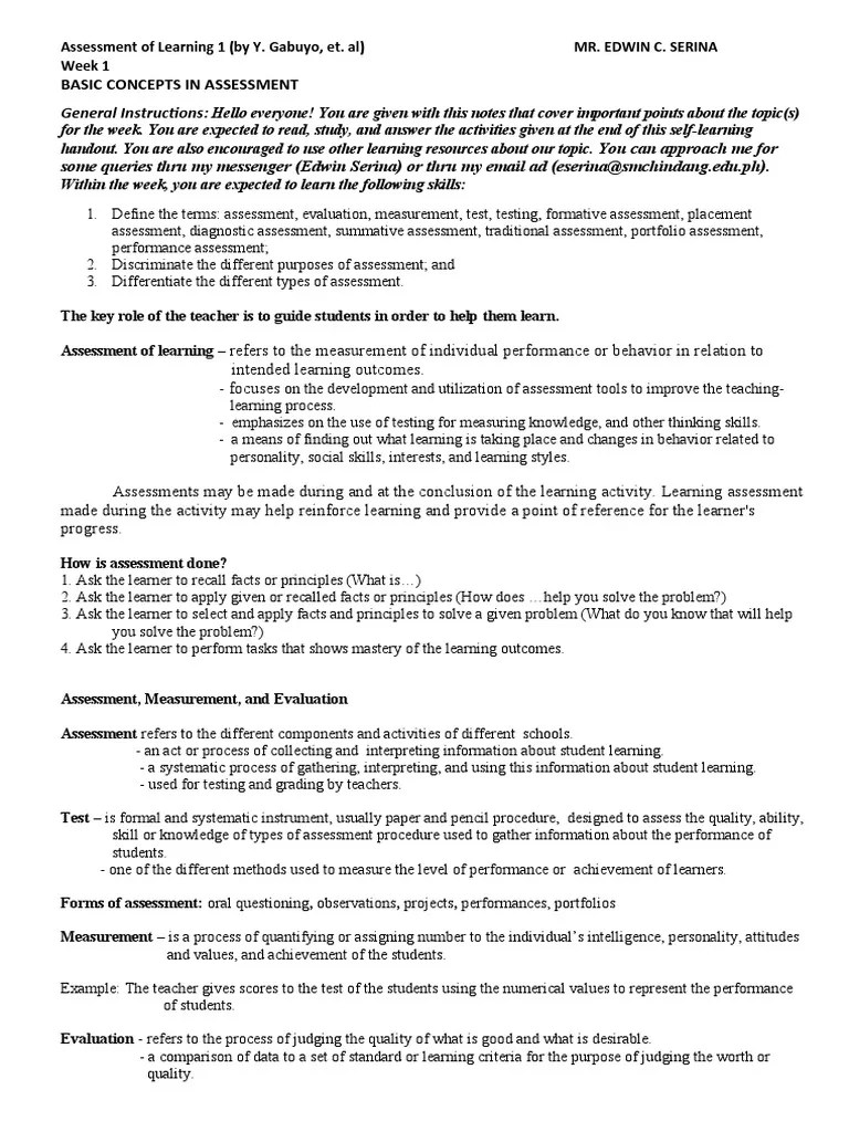 Assessment In Learning 1 Lesson 1: Basic Concepts In Assessments | PDF | Educational Assessment ...