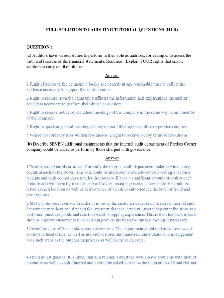 FULL SOLUTION TO AUDITING TUTORIAL QUESTIONSs | PDF | Audit | Financial Audit