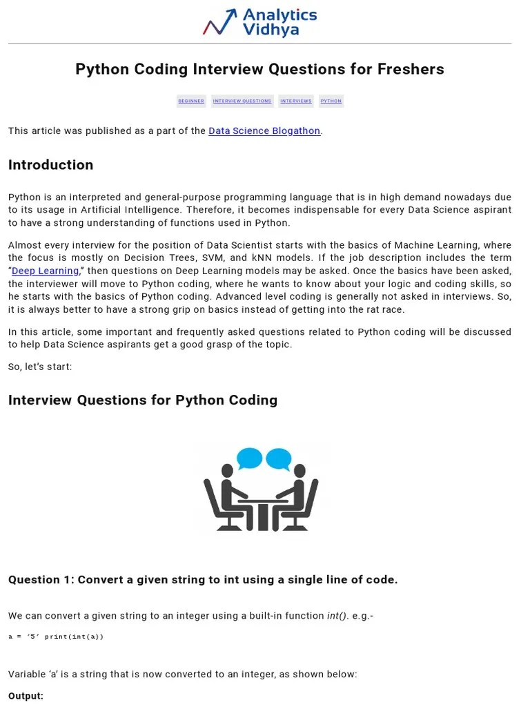 Python Coding Interview Questions For Freshers | PDF | String (Computer ...