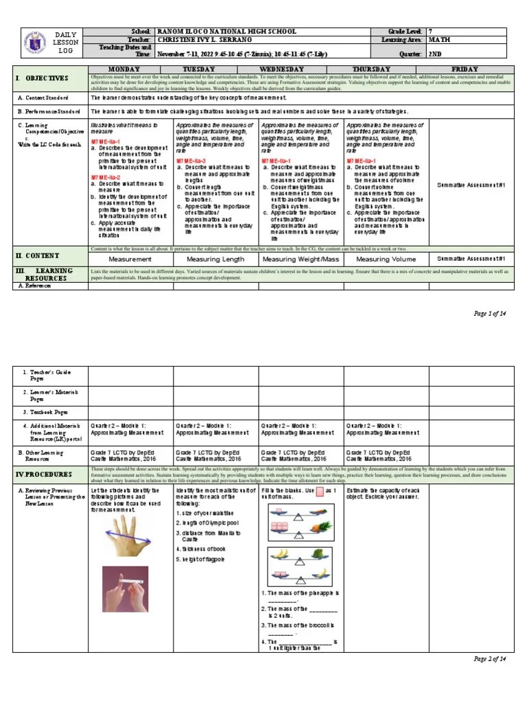 DLL Math 7 Quarter 2 Week 1 | PDF | Foot (Unit) | Volume