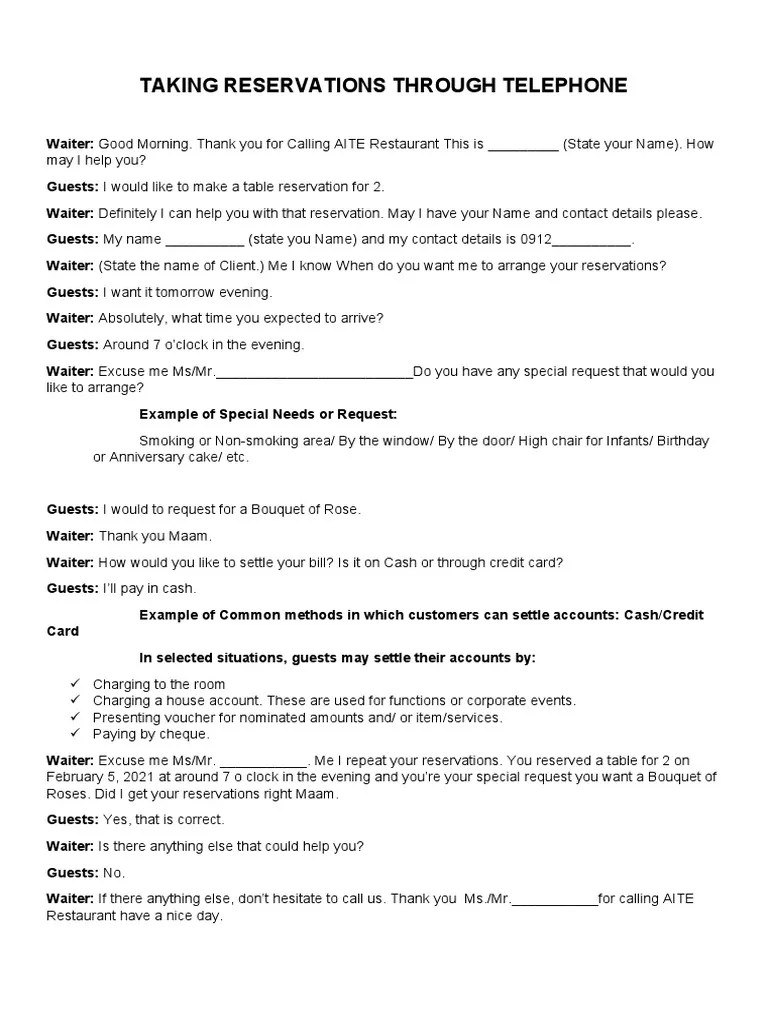 Taking Table Reservation Script | PDF