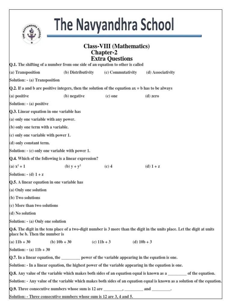 Extra Questions - Linear Equations In One Variable | Download Free PDF ...