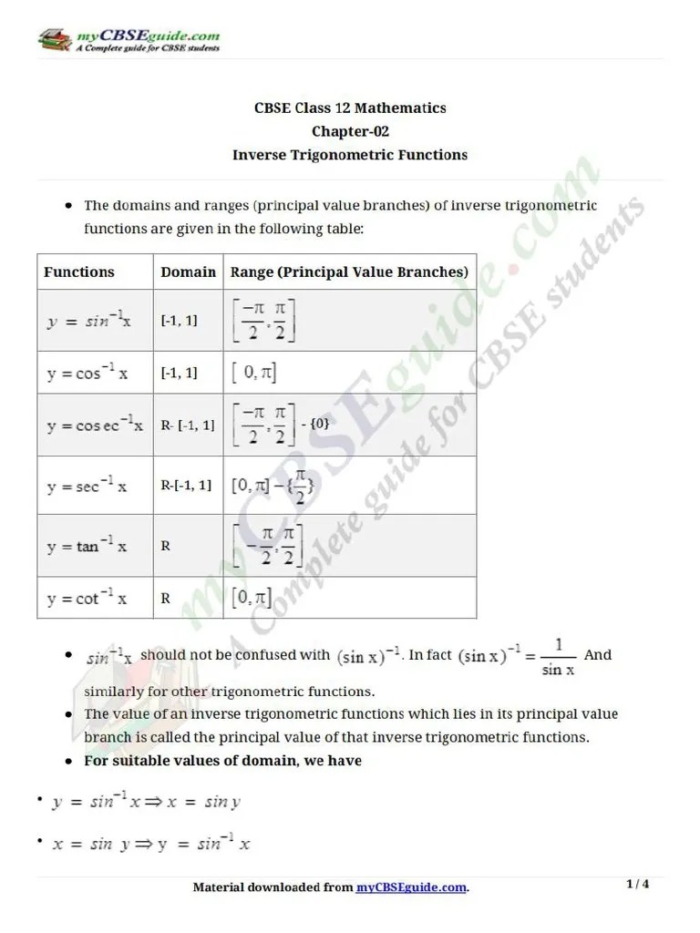 12 Maths Key Notes CH 02 Inverse Trigonometric Functions | PDF