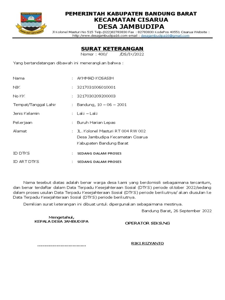 Surat Keterangan BDT Format Keterangan DTKS Baru | PDF