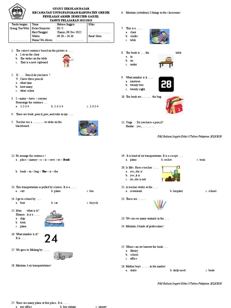 PAS Bahasa Inggris Kelas 3 2022-2023 | PDF