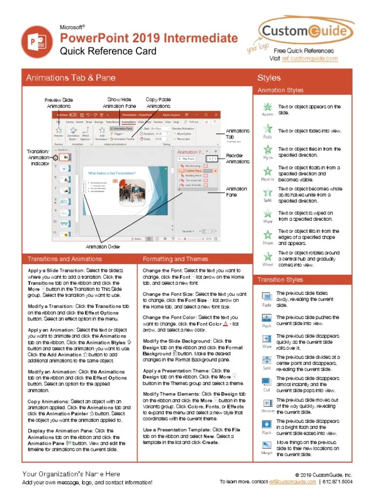 PowerPoint 2019 Intermediate Quick Ref Guide | PDF | Microsoft Office ...