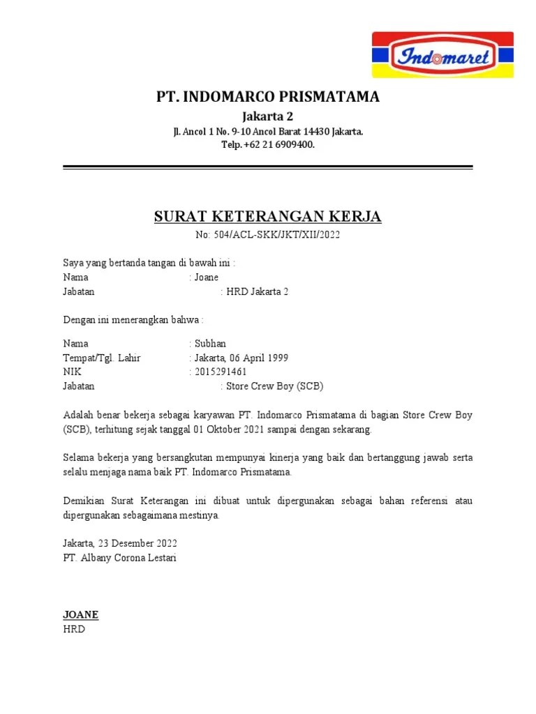 Surat Keterangan Kerja | PDF