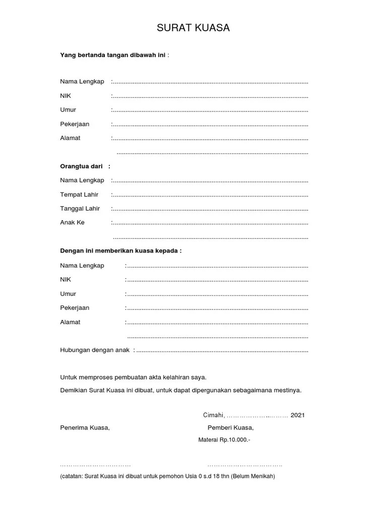 Surat Kuasa Akta Kelahiran Anak | PDF