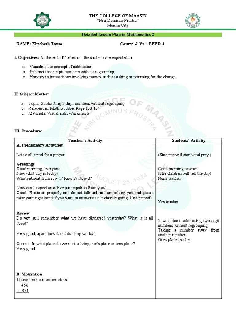Subtraction 3-Digit Number Without Regrouping I | PDF | Subtraction ...
