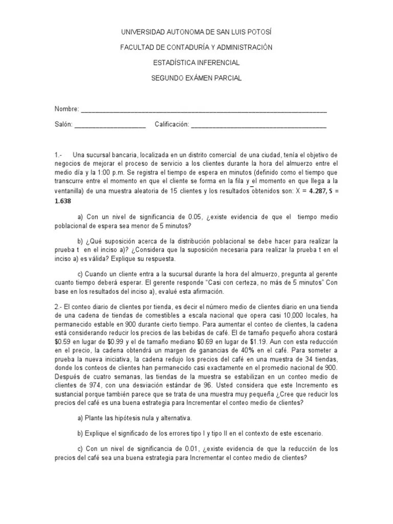 Segundo Examen Parcial Estadistica | PDF | Café | Estadísticas
