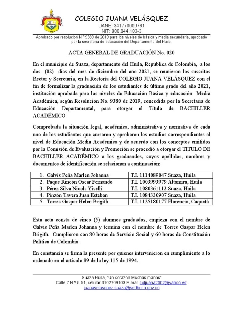 Acta General De Graduacion 2021 | PDF