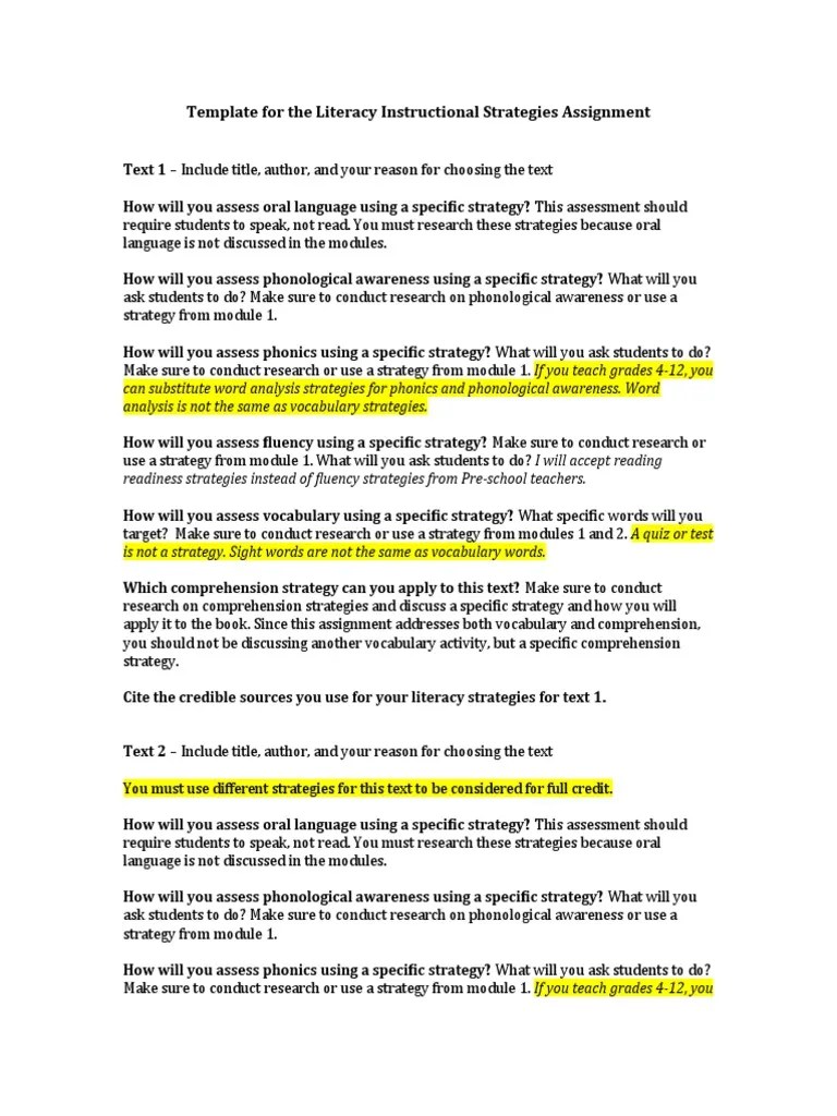 Template For The Literacy Instructional Strategies Assignment | PDF ...