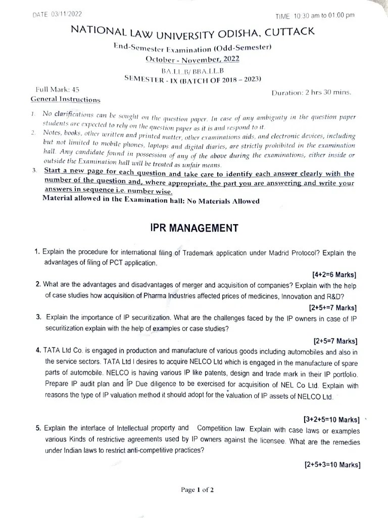 IPR Question Paper | PDF | Intellectual Property | Valuation (Finance)