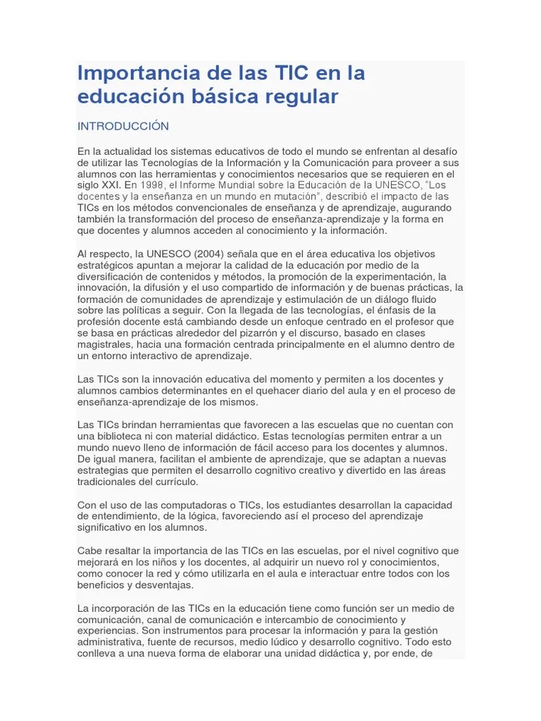 Importancia De Las TIC En La Educación Básica Regular | PDF | Enseñando | Tecnología De ...