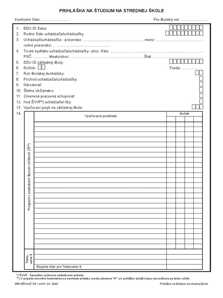 Prihláska Na Stúdium Na Strednej Skole | PDF