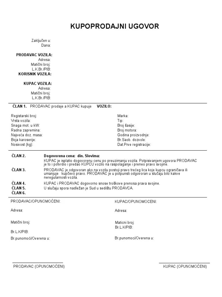 Kupoprodajni Ugovor Vozila | PDF