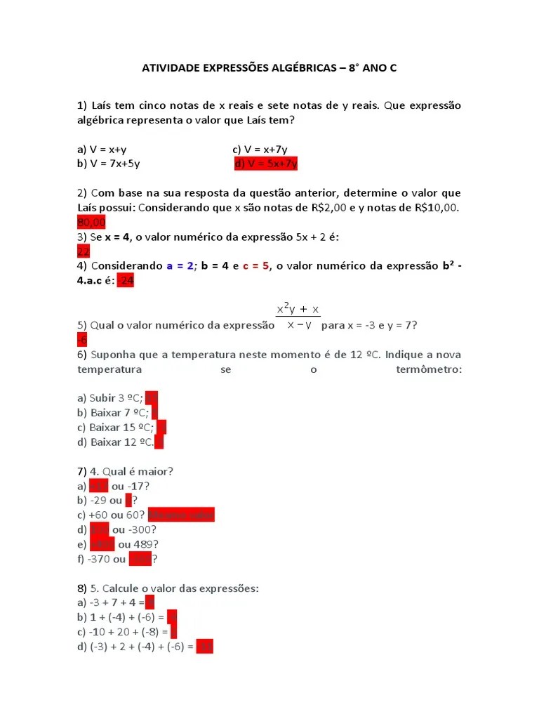 Atividade Expressões Algébricas | PDF