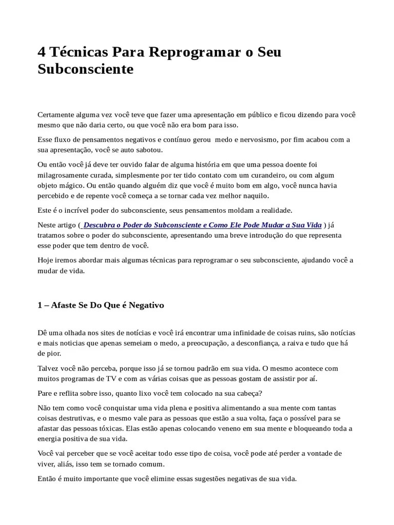 4 Técnicas Para Reprogramar O Seu Subconsciente | PDF | Pensamento | Mente