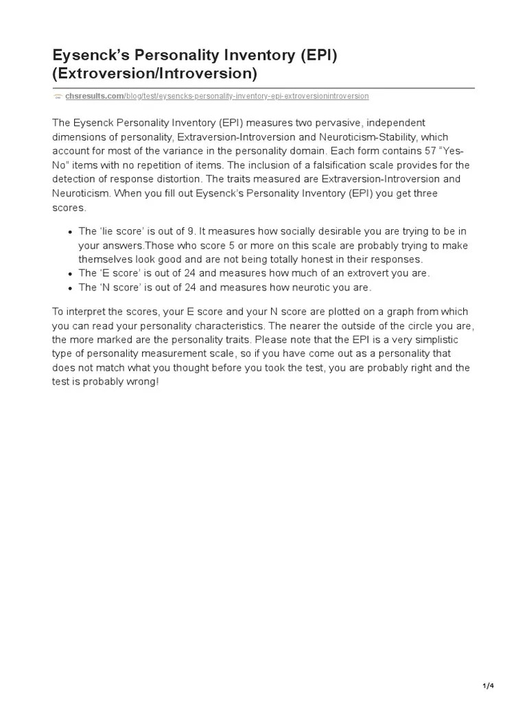 Eysenck Personality Inventory (EPI) SCALE | PDF | Extraversion And ...