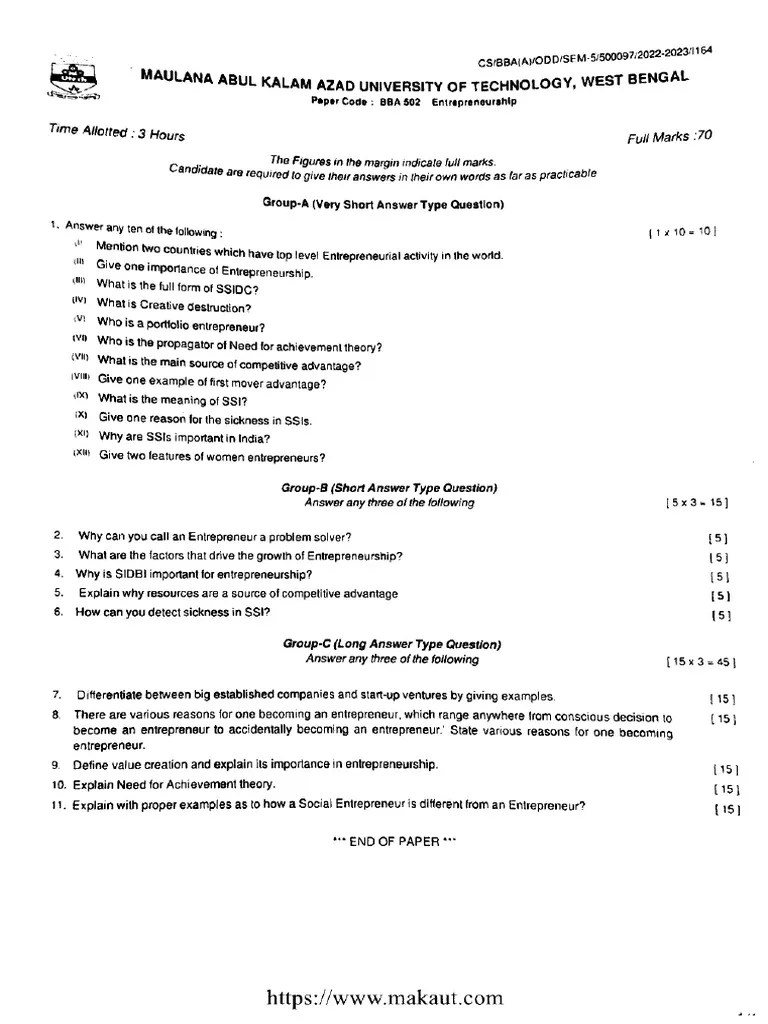 Bba 5 Sem Entrepreneurship Bba 502 2023 Pdf