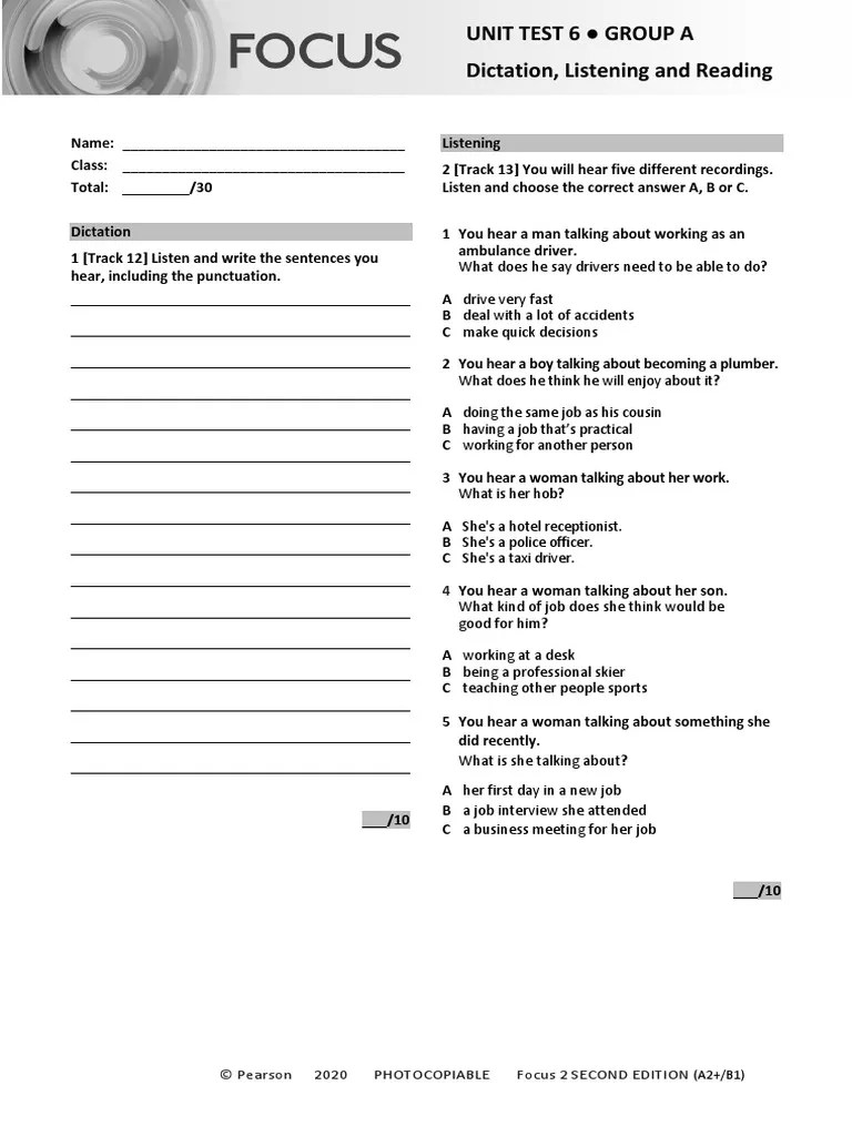 Focus2 2E Unit Test Dictation Listening Reading Unit6 GroupA | PDF ...