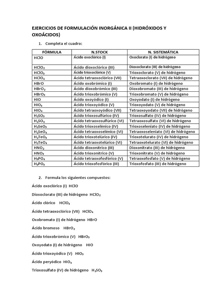 Soluciones Ejercicios De Formulación Inorgánica Ii | PDF | Hidróxido | Ácido