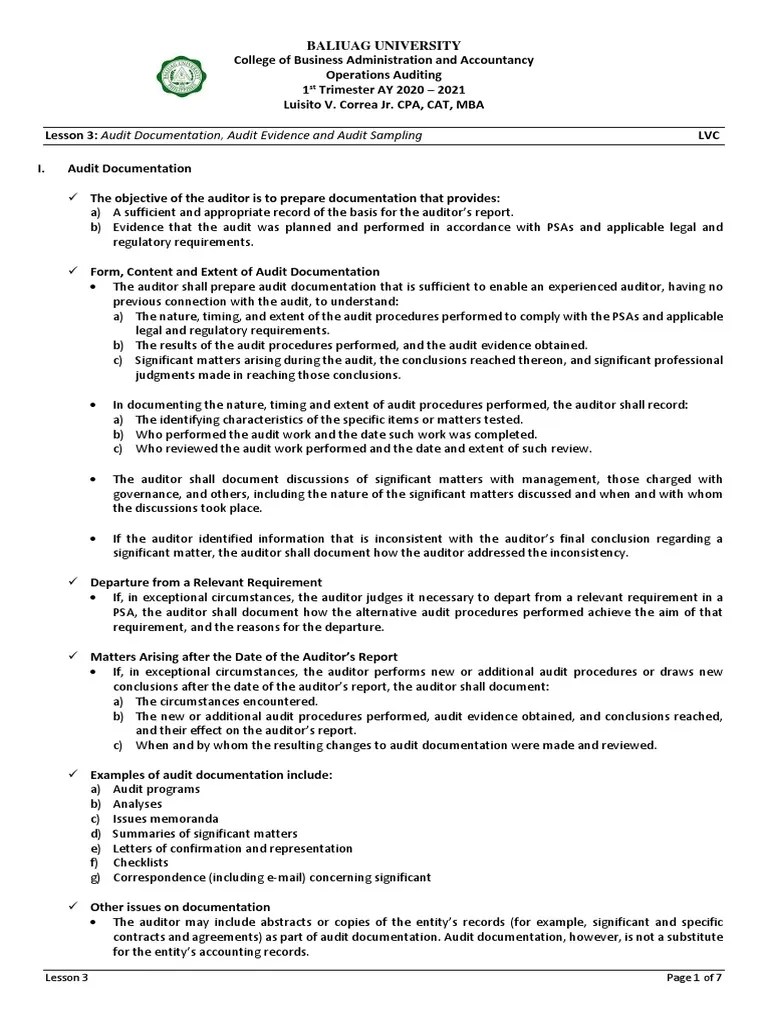 Lesson3-Audit Documentation, Audit Evidence & Audit Sampling | PDF ...