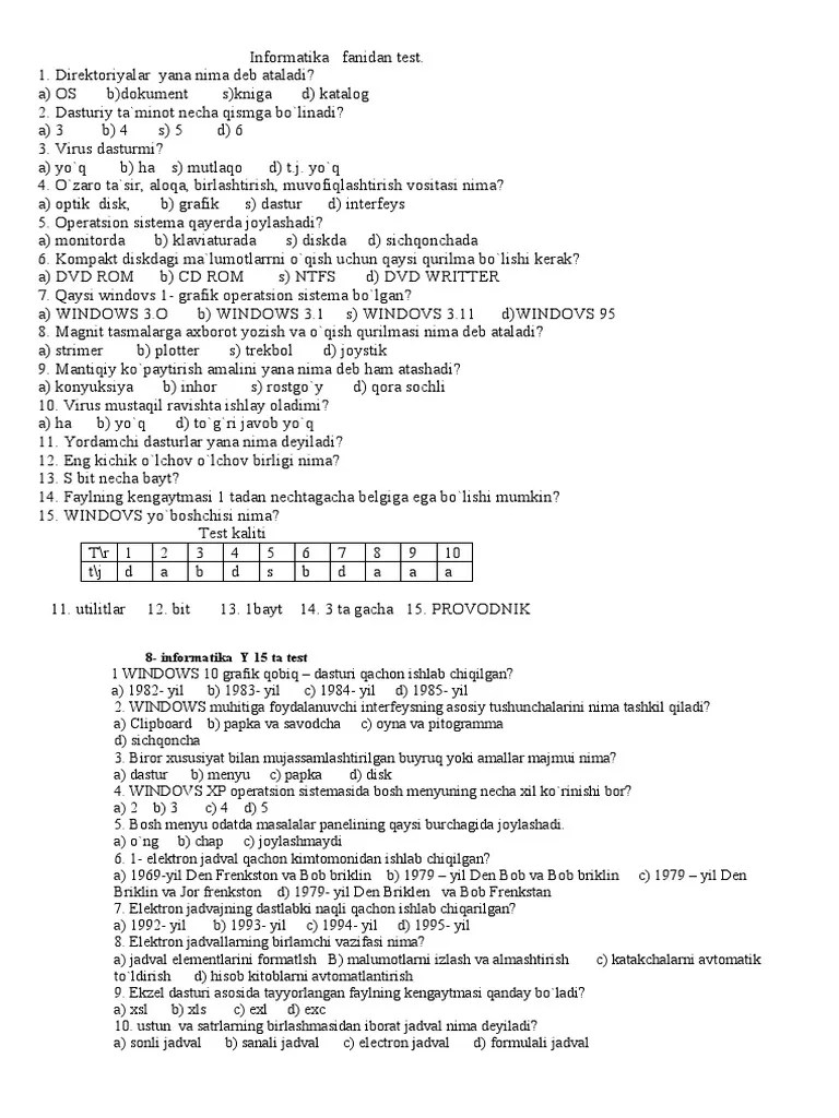8 Sinf Informatika Testlar 5 | PDF