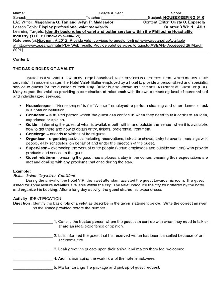 Tle 9-10 Housekeeping Q 3-Week 1 Las 1 | PDF | Domestic Worker