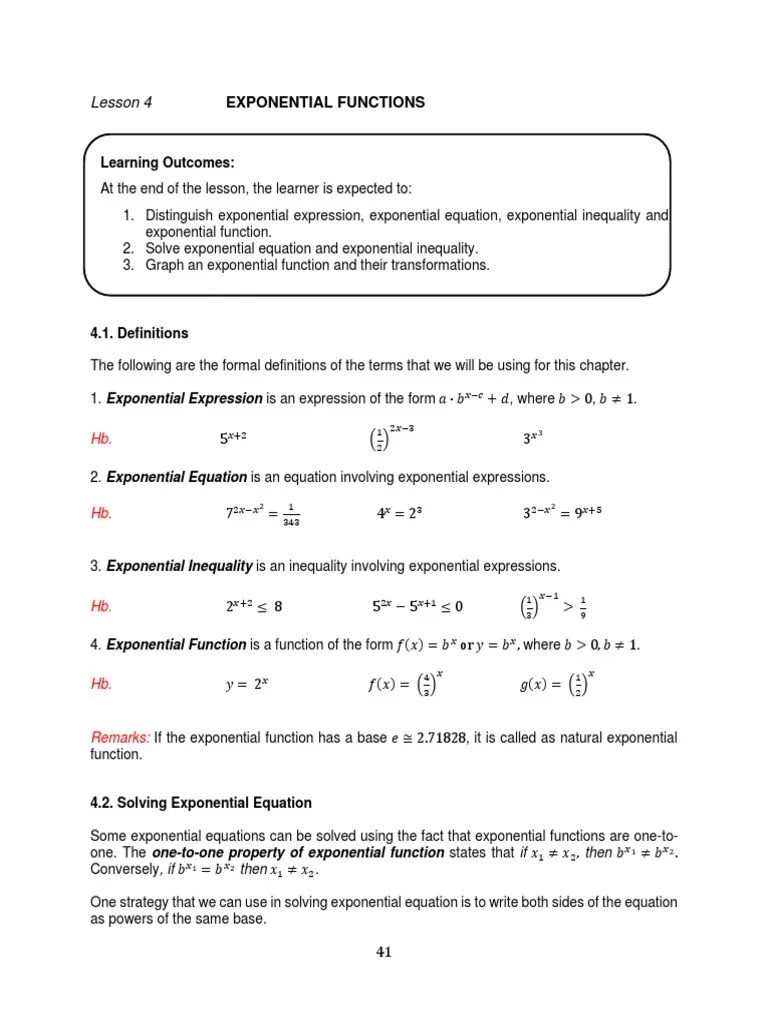 Lesson 4 ExponentialFunctions | PDF | Inequality (Mathematics ...