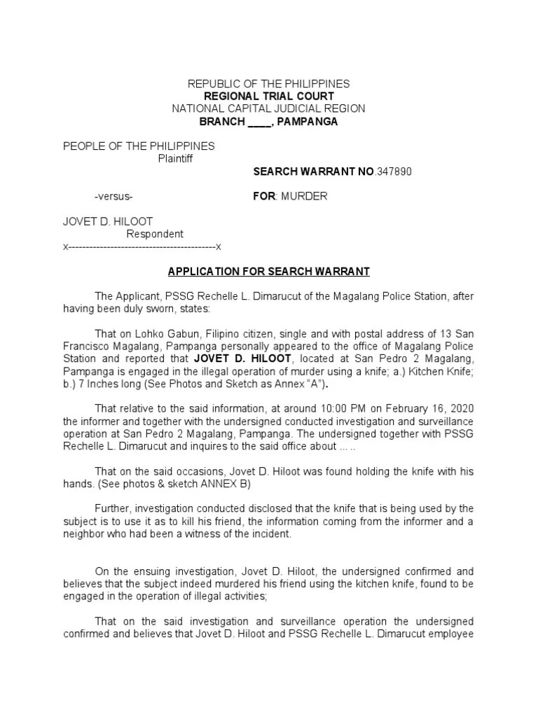 Sample Of Application For Search Warrant | PDF | Search Warrant | Law Enforcement