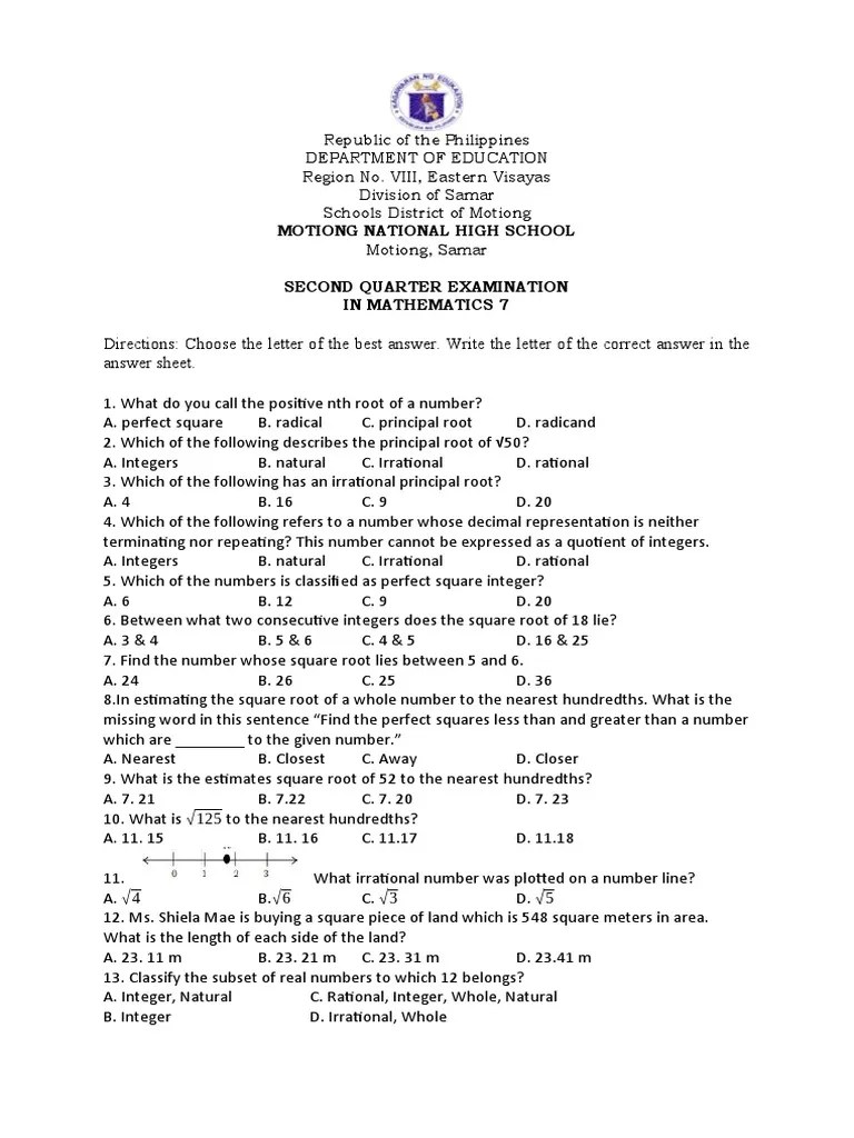 2nd Quarter Exam MATH 7 | Download Free PDF | Numbers | Rational Number