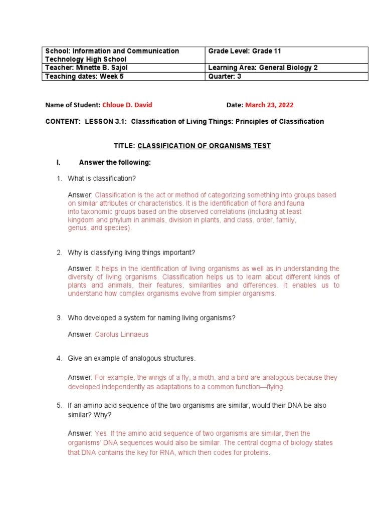Classification Of Living Things Quiz | PDF | Taxonomy (Biology) | Organisms