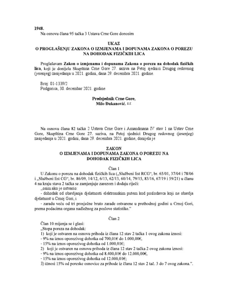 Zakon O Izmjenama I Dopunama Zakona O Porezu Na Dohodak Fizičkih Lica | PDF